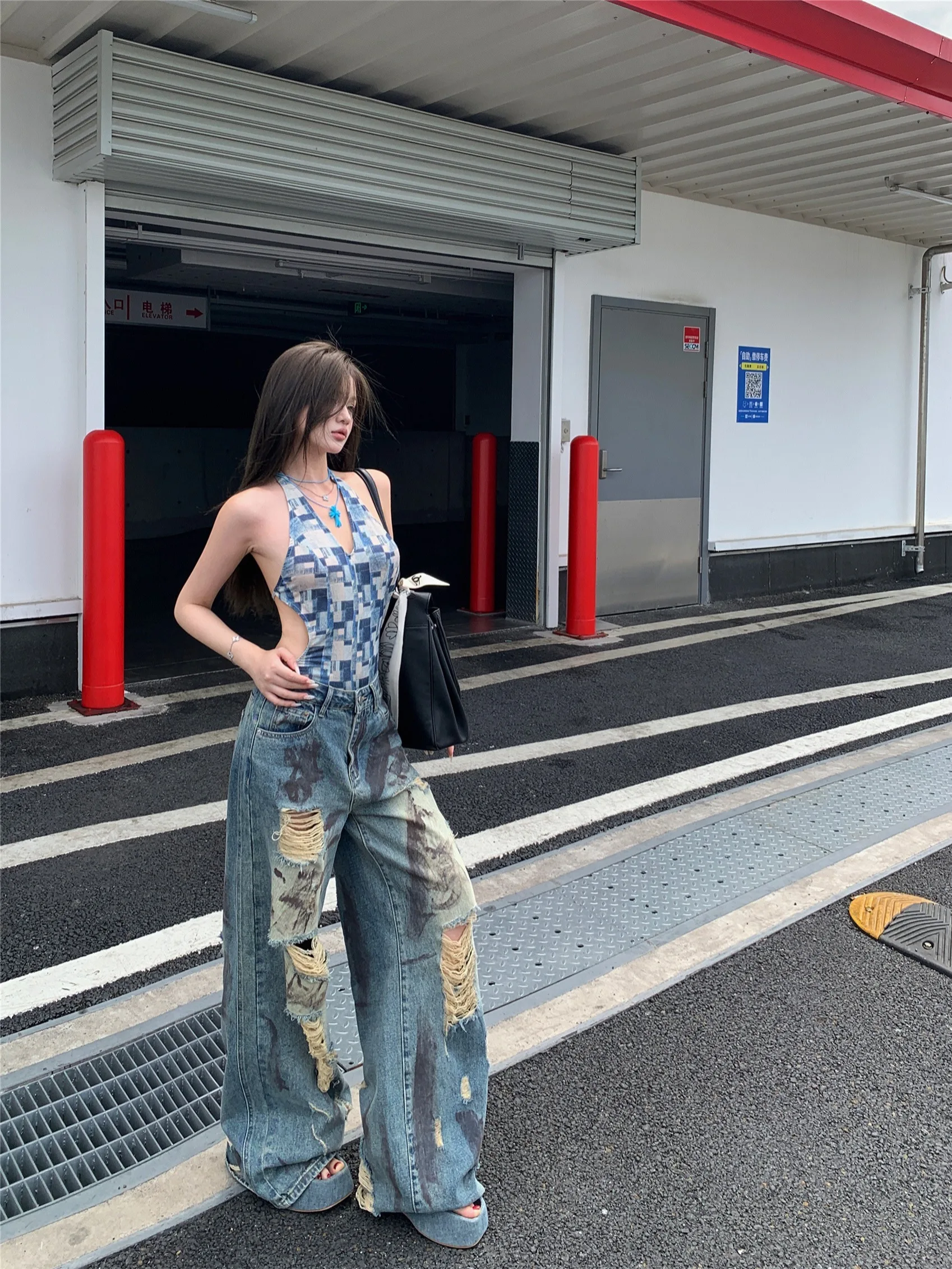 

Retro American Hole Denim Jeans Women Loose Straight Leg Pants Vintage Sle High Waist Zipper Closure Daily Wear Ladies