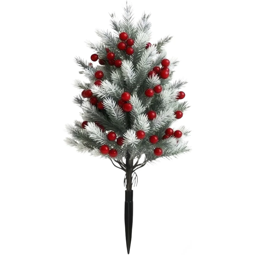 Plastic Pine Ground Stake with Red Berries 4pcs 57cm for Yard Decor Patio Entryway Table Centerpiece and Corporate Event Setup