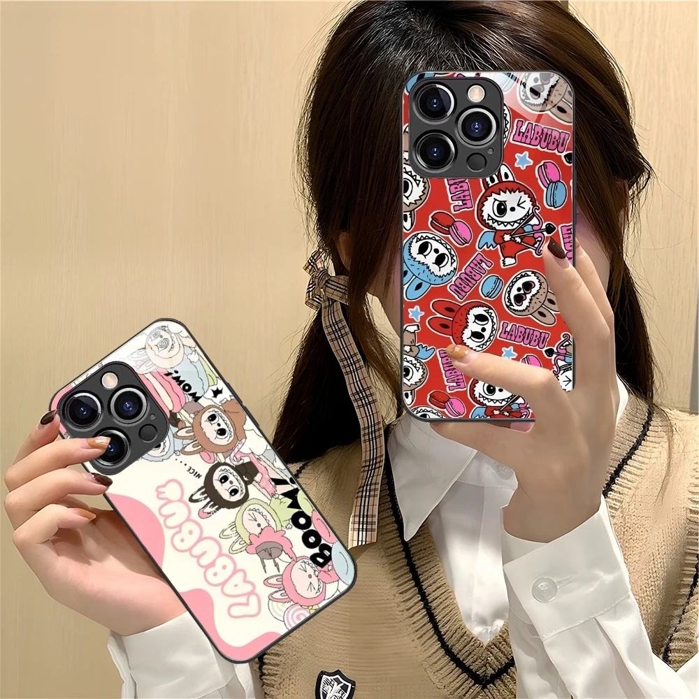 Cute Labubu Painting Mobile Cell Phone Case for iPhone 15 14 13 12 11 X XR XS 8 Pro Max Plus Mini PC Glass Phone Cover Shell