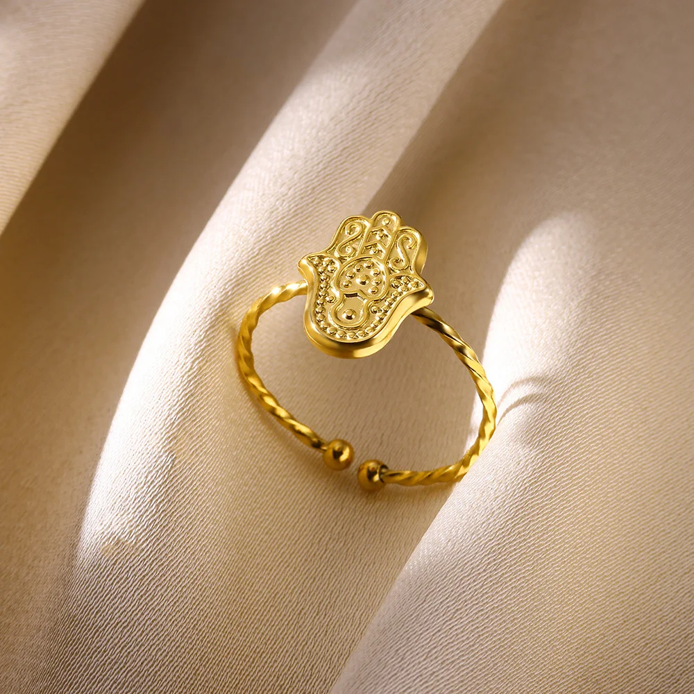 

Stainless Steel Hamesh Hamsa Hand Rings for Women Girls Gold Color Fatima Palm Ring Jewelry Birthday Anniversary Gifts