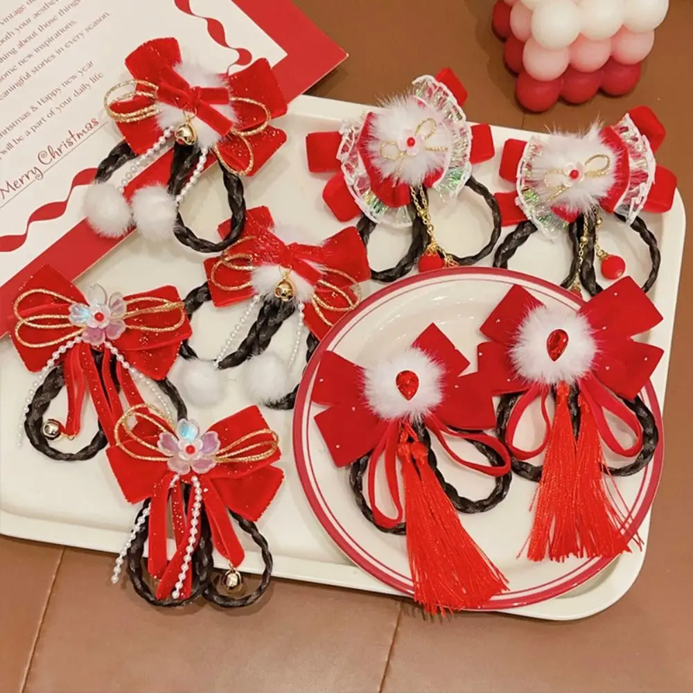 Bonito estilo antigo crianças ano novo hairpin vermelho princesa ano novo arco grampos de cabelo peruca trança bola de pelúcia meninas hanfu headwear crianças