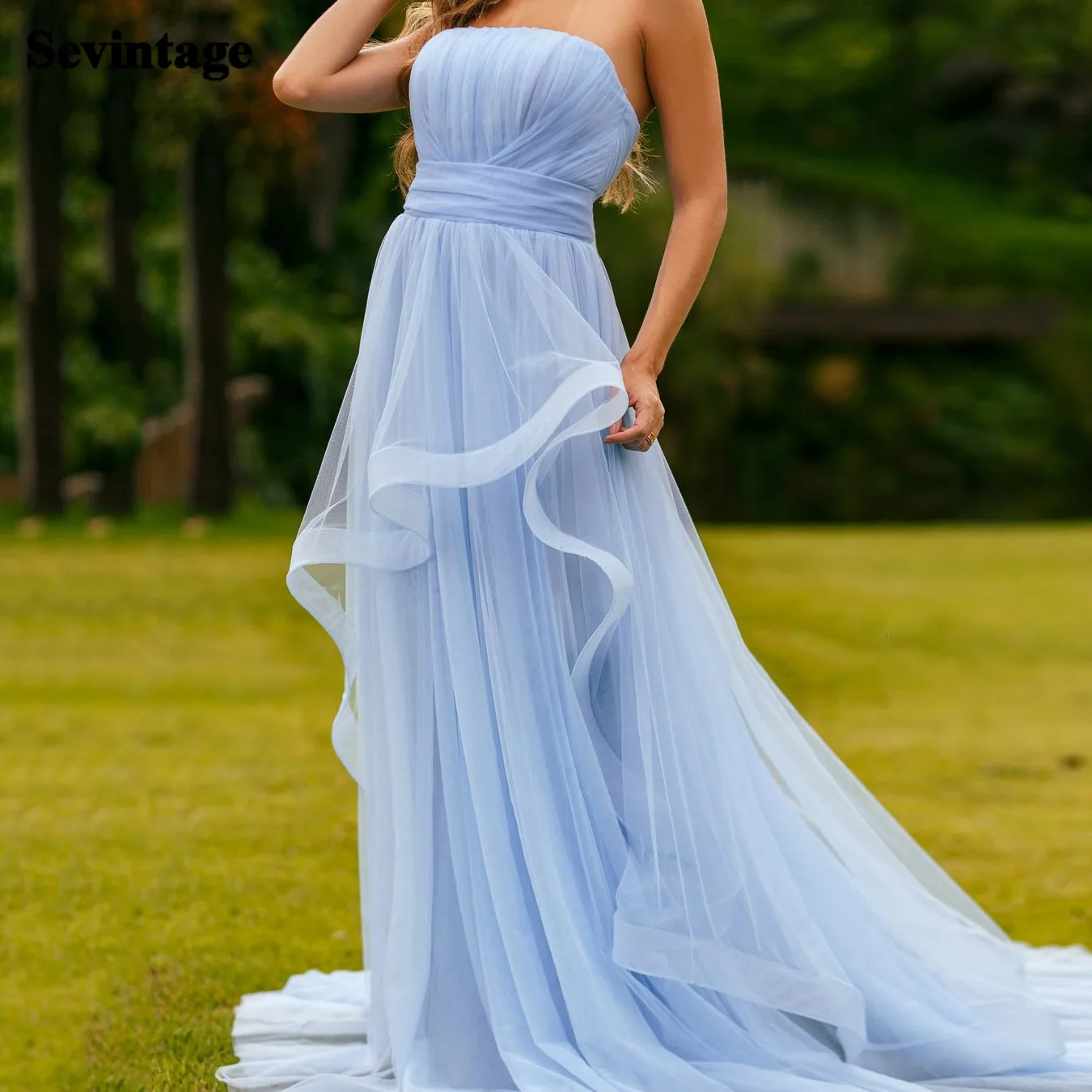 

Sevintage Sky Blue A Line Prom Gowns For Women Ruffles Pleats Strapless Long Evening Dresses Wedding Party Bridesmaid Gowns 2023