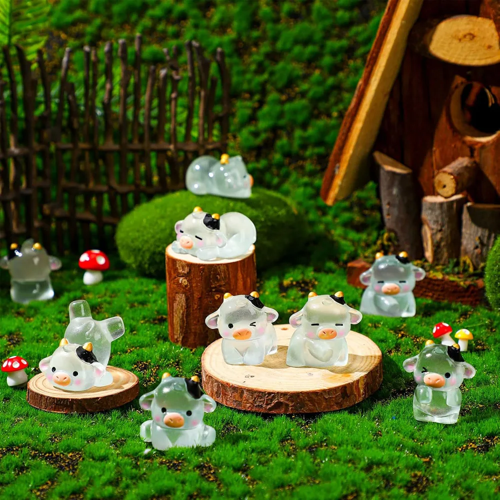 24Pcs Mini Luminous Cow Figurines Resin Tiny Resin Cow Animals Resin Figures Outdoor Garden Decor