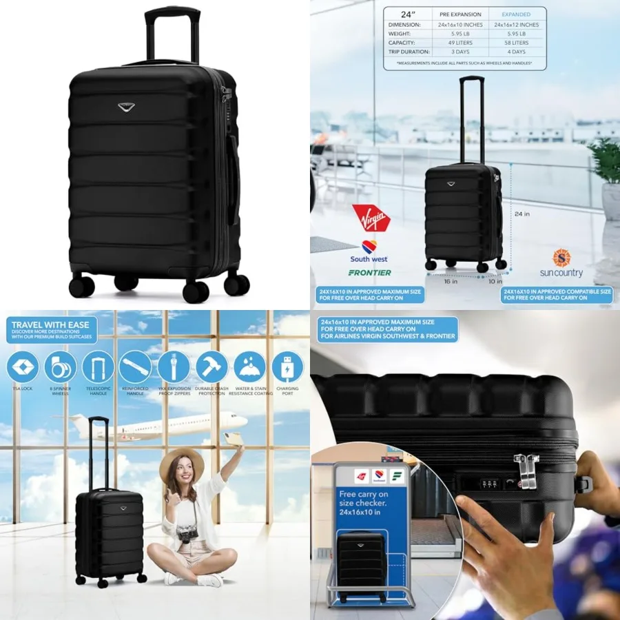 

24x16x10 Expandable Carry On Suitcase Hardside TSA Lock USB C Lightweight Luggage Silent Double Spinner Wheels Maximum Overhead
