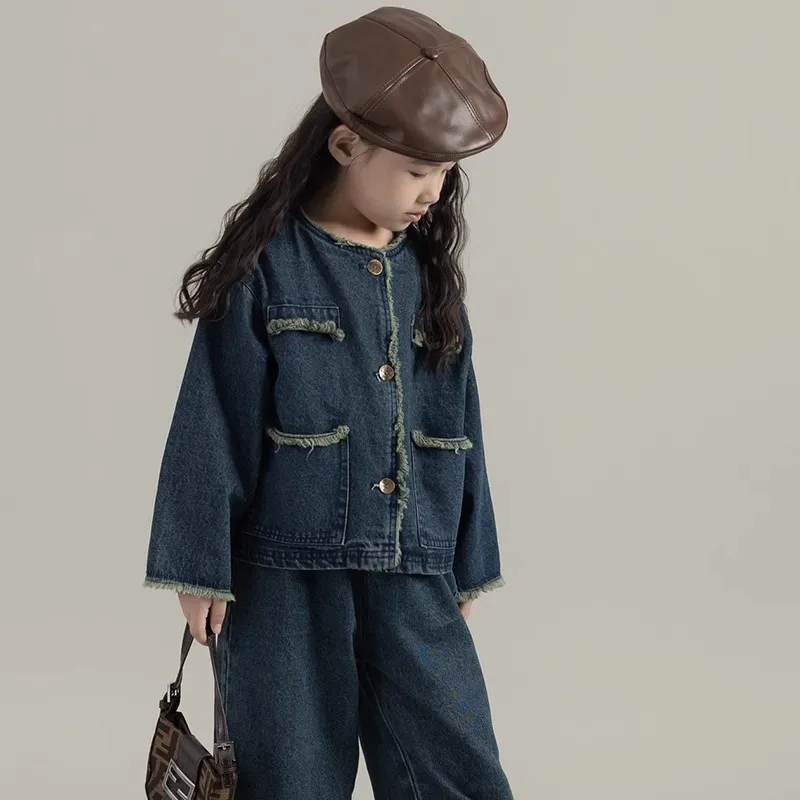 Girls\' Denim Set Washed Tassel Vintage Coat+ Loose Pants 2023 Spring And Autumn New Fashion Kids Outfit Casual Clothing Set