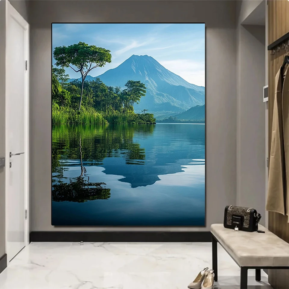 طقم رسم فسيفساء ماسي ، مشهد جبلي وبحيرة ، مثقاب مربع ومستدير بالكامل ، فن جدار نهر الشجرة ، جديد ،