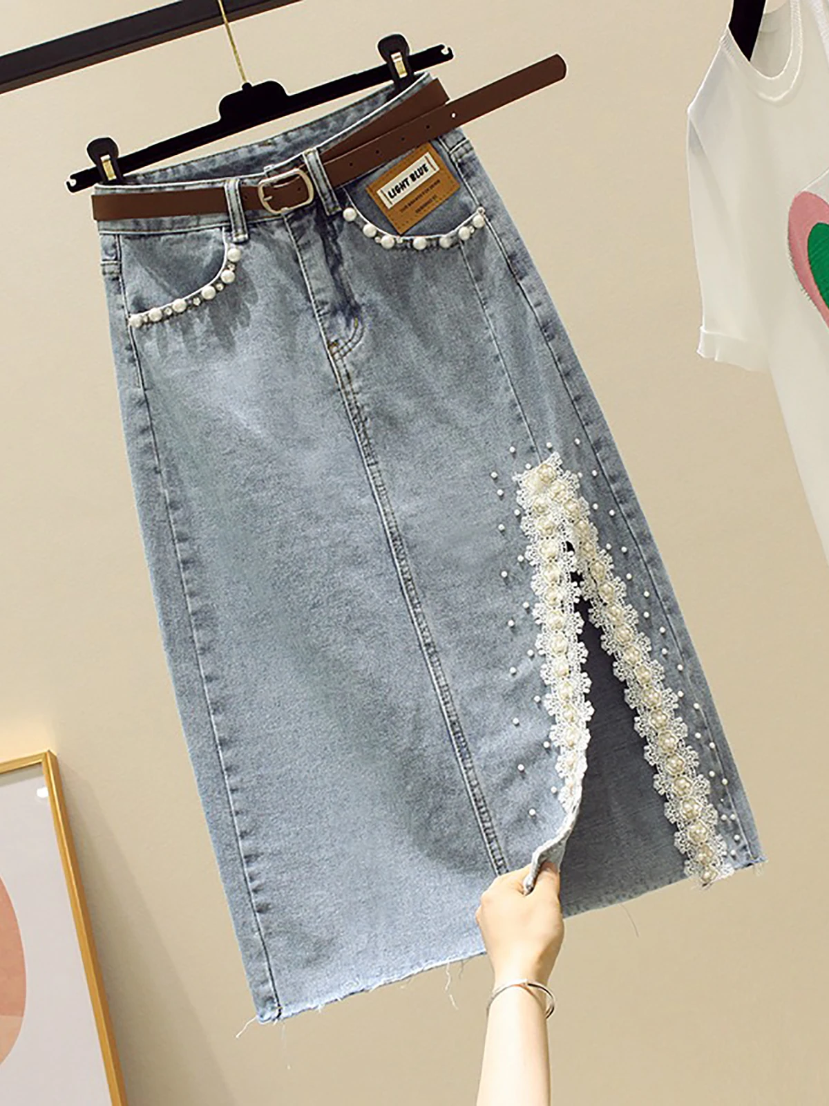 

Summer High Waist Middle Length Beaded Lace f Skirt Women's Denim Skirt Spring New Sle Slimming Arm Baggy Skirt