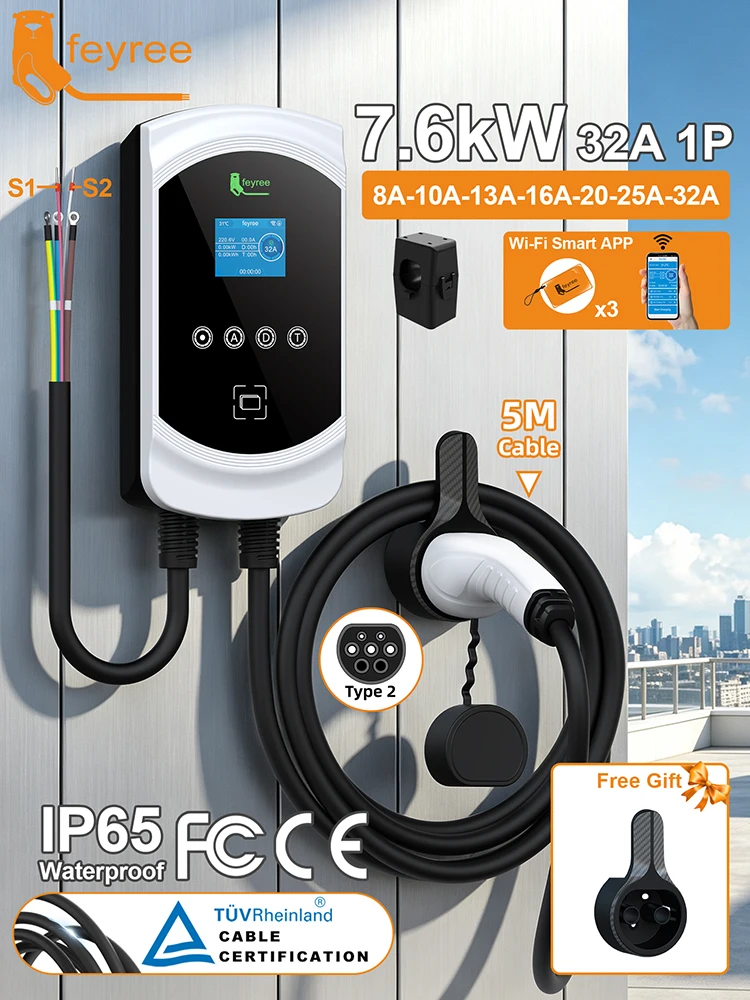Feyree 1P Dynamische Lastverteilung 7,6KW 11KW 22KW EV-Ladegerät Modell Typ2 32A 3P EVSE Wallbox Smart WIFI APP-Funktion für Elektrofahrzeuge