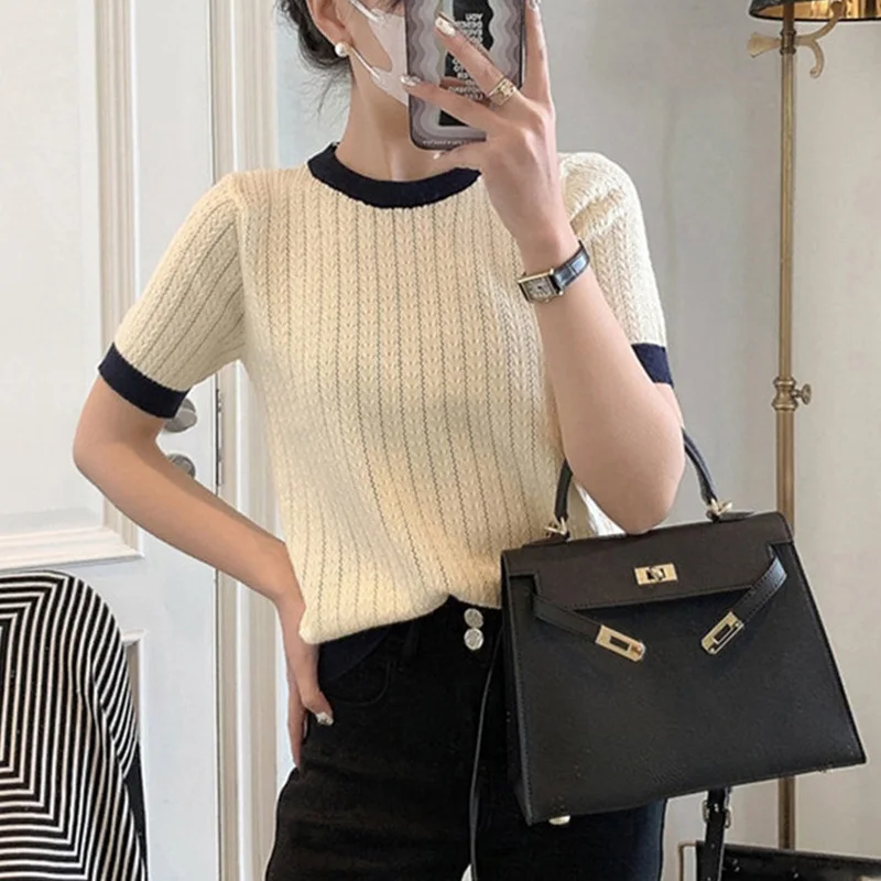 

Boring Honey Short Sleeve T Shirt Knitted Tops Women Summer O Neck Sweet Tshirt Casual Womens Clothing Black Camisetas Knit Top