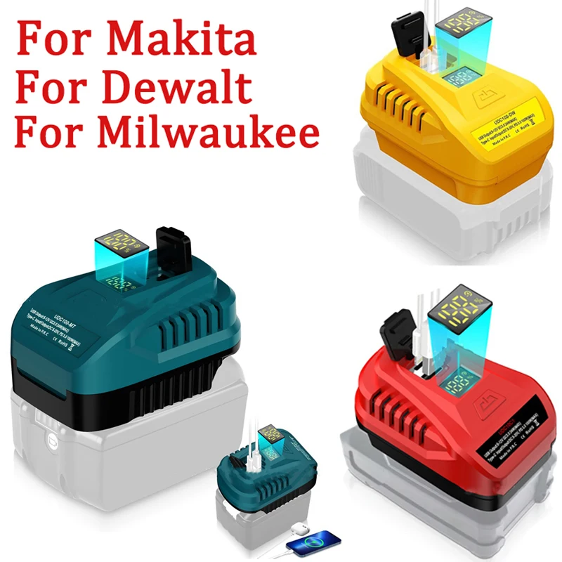 2-IN-1 Adapter Converter For Makita/Dewalt/Milwaukee/Einhell 18V Lithium ion Battery 100W USB Charger with LED Display