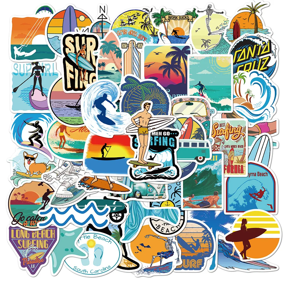 10/30/50PCS Summer Surfing Stickers Beach Surf Sticker Waterproof DIY Surfboard Luggage Car Bicycle Water Bottle Decal Sticker