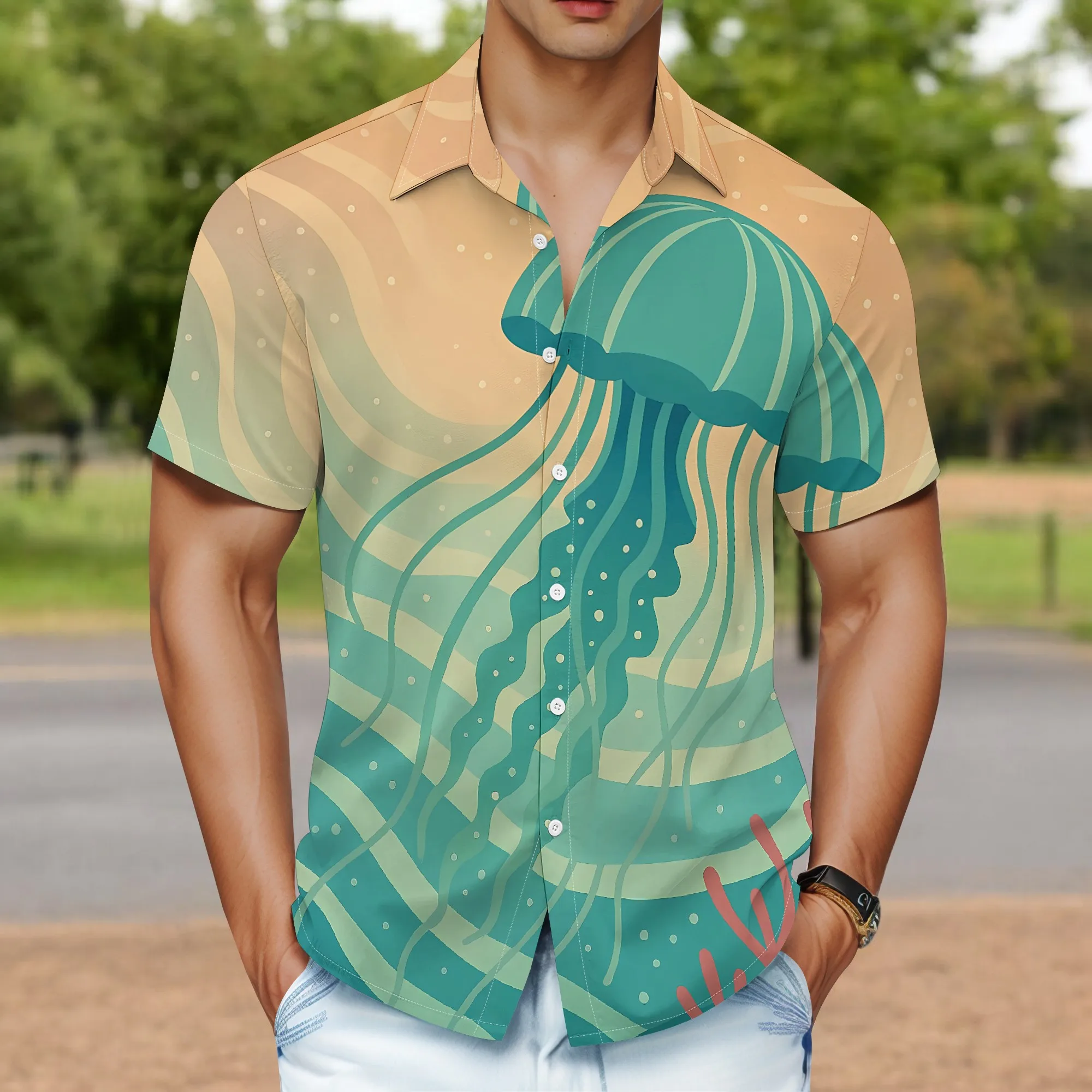 YEAE Colorful Dolphin Print Shirt for Men Summer Casual Short Sleeve Top