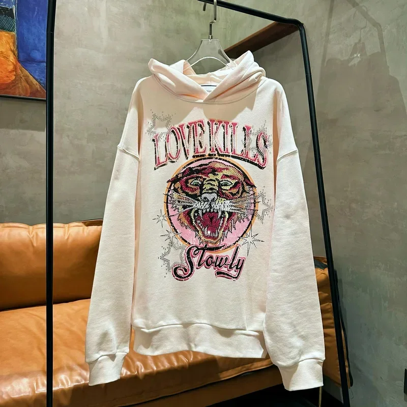 Fashion Brand Cartoon Rhinestone Long Sleeved Hoodie Women 2023 Spring Autumn Oversized Mid-Length Tiger Head Hooded Sweatshirt