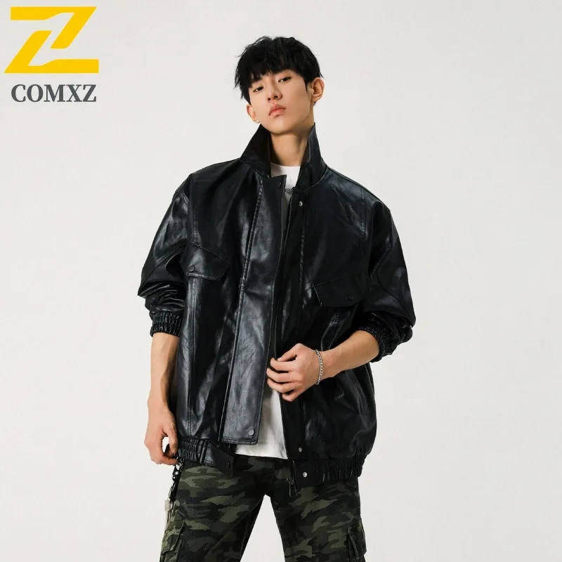 COMXZ Trendy PU Leather Jacket Men High Quality Adventure Windproof Leather Coats Comfort Autumn Motorcycle Leather Jackets