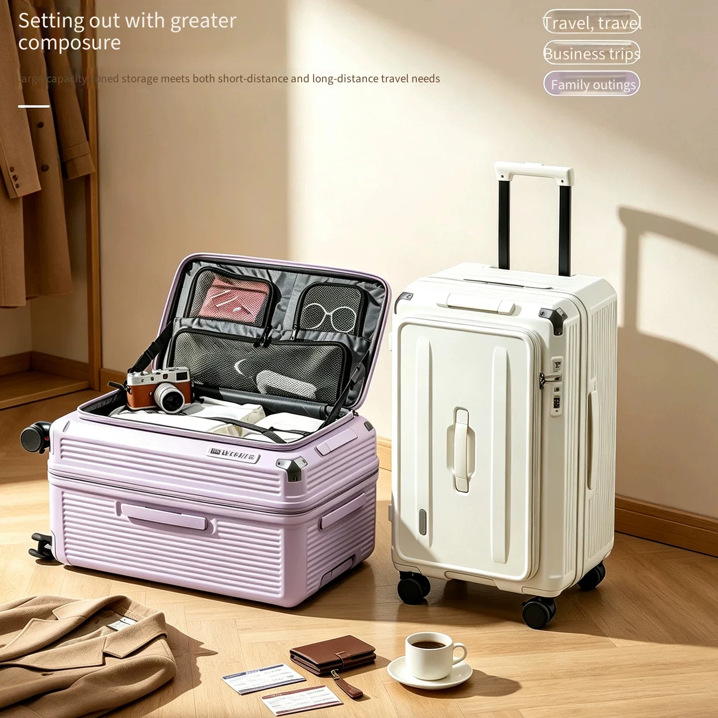 Expandable Zipper Travel Trolley Luggage Side‑Opening Extra Deep Compartment Large Capacity Hard Suitcase Combination Lock For S