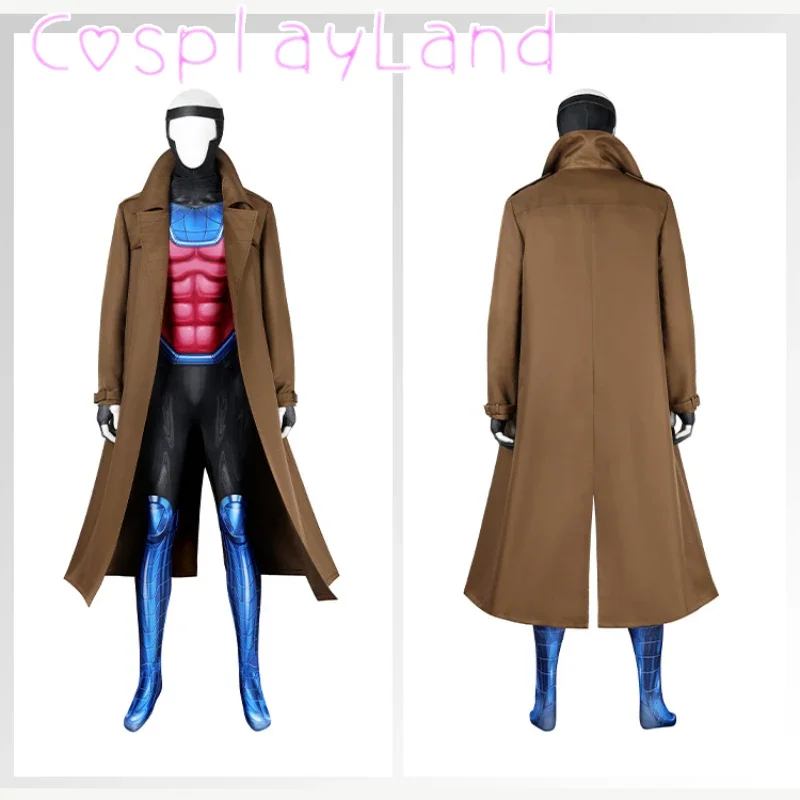 X Gambit Remy Cosplay Costume Man Battle Suit Leather Long Trench Jumpsuit Mask Set Superhero Halloween Carnival Outfits