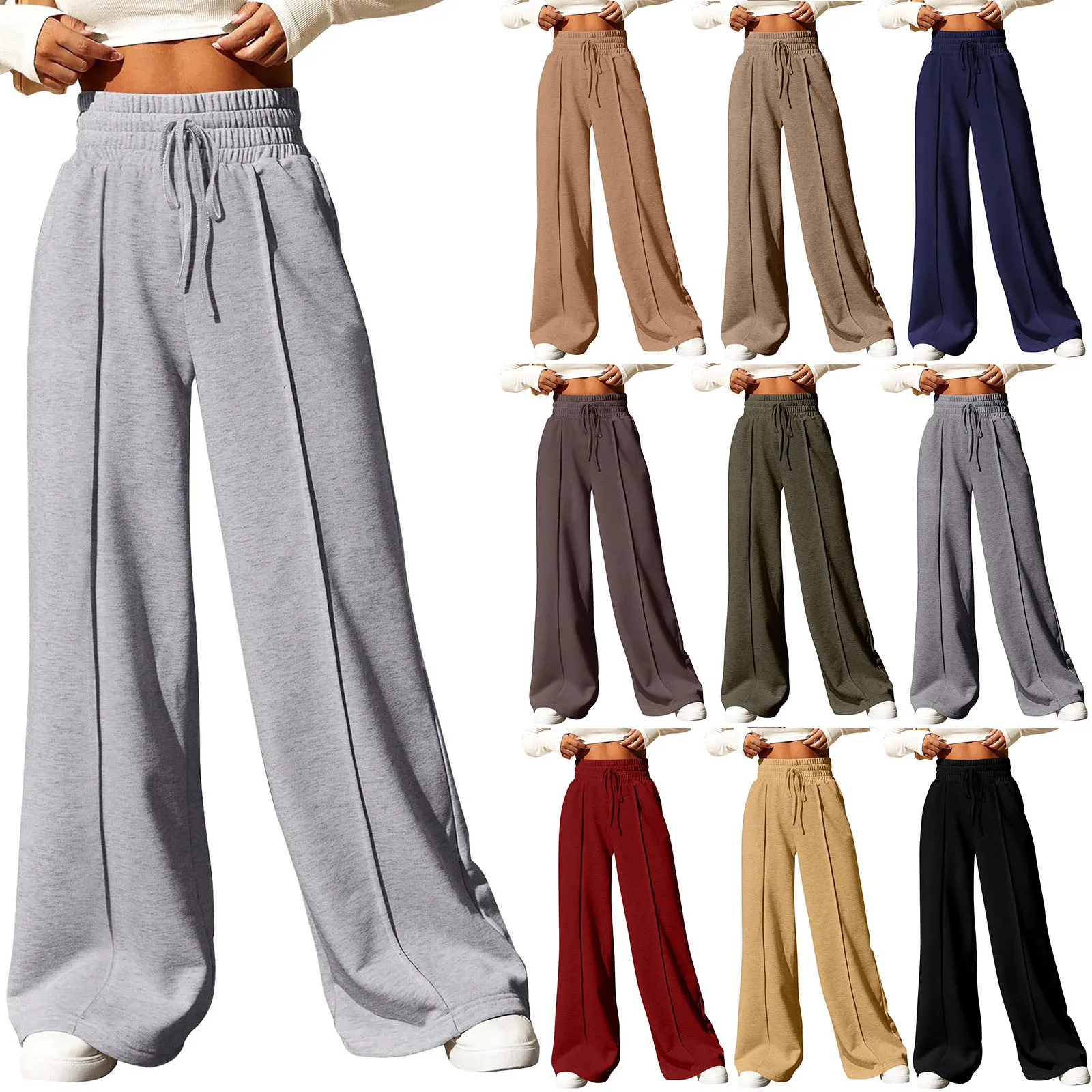 Women\'s Fashion Solid Colour High Waisted Drawstring Waist Wide Leg Sweatpants with Pockets Casual Loose Yoga Pants NEW 202