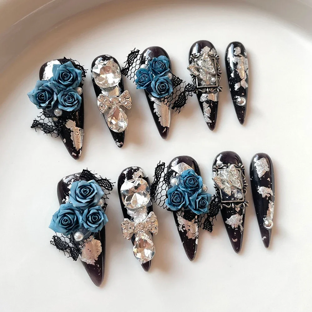 10Pcs Y2K Punk Style Handmade Long Stiletto Coffin Press On Nails Silver Magic Mirror Powder Flowers Butterfly Full Cover Nail