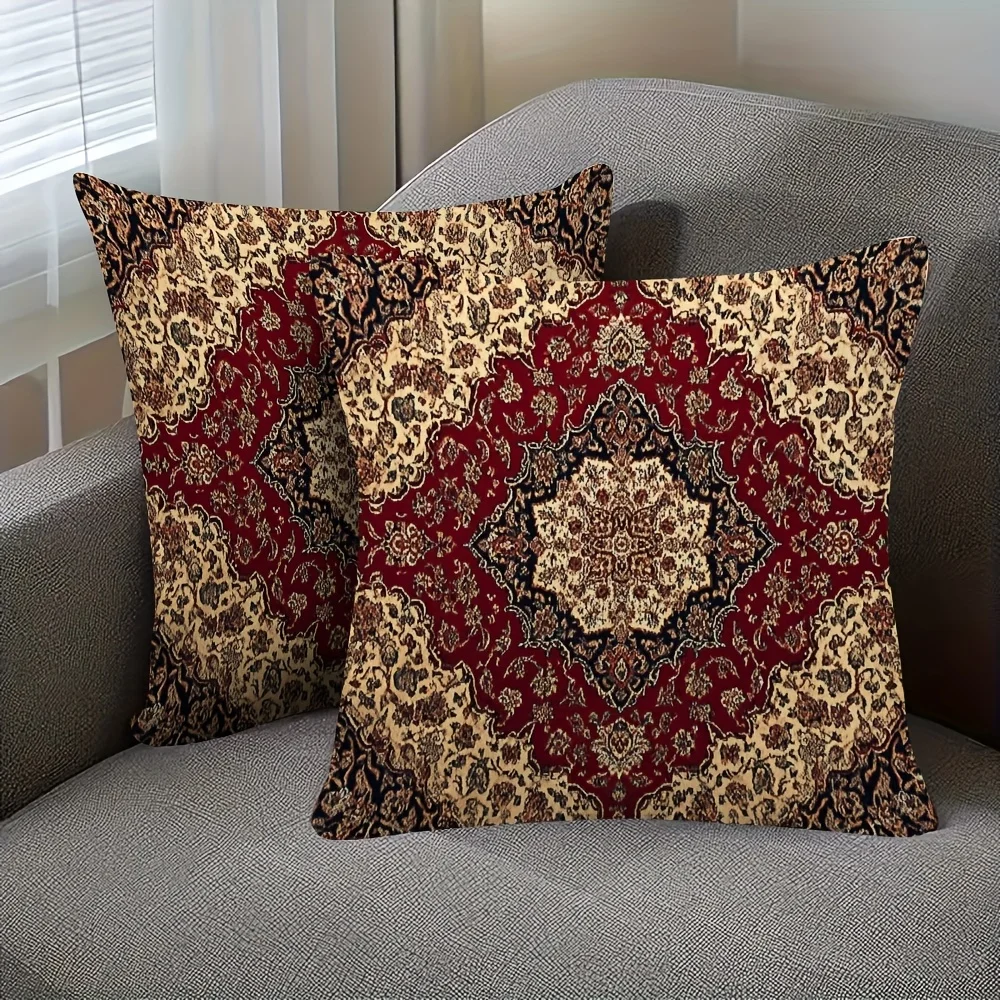 1pc Vintage Persian Rug Print Pillow Cover, 2D Double-Sided Polyester Cushion Case, Red & Beige Oriental Decor, Gift for Antique