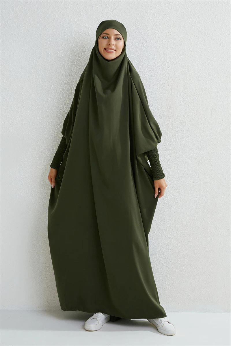 Abaya musulmane à capuche et manches smocks pour femmes, robe de prière une pièce, vêtements islamiques, Jilbab, dubaï, saoudien, noir, modestie