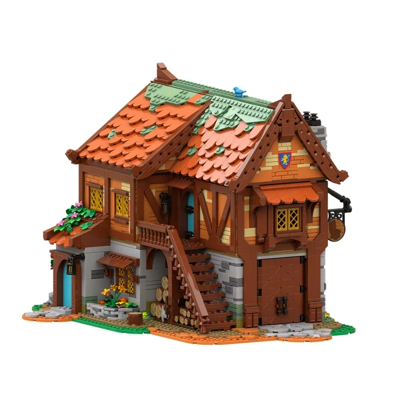 Modelo Medieval Street View, ladrillo de construcción MOC, taller de procesamiento de madera, tecnología Modular, regalo, vacaciones, montar, traje de juguete para niños