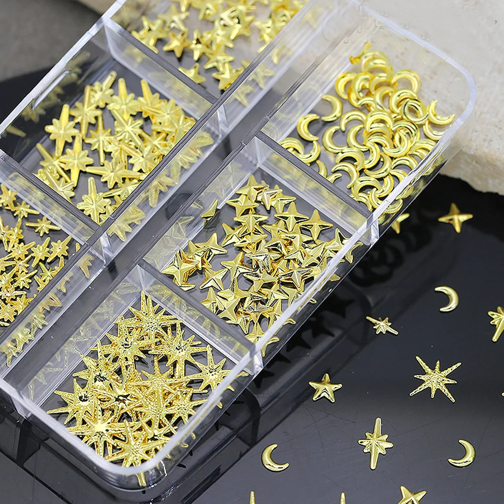 

6 grids/box Golden Star Shaped Rivet Nail Art Charm 3D Four Pointed Stars Moon Nail Decor Parts DIY Mini Luxury Nail Accessories
