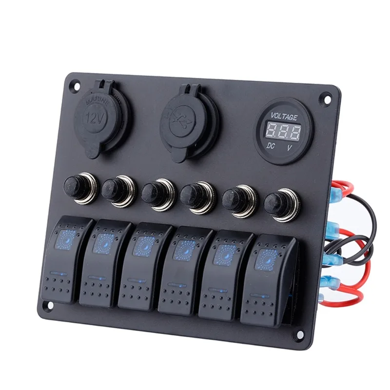 12V-24V Waterproof High Quality 6 Gang Control  Boat Rocker Switch Panel RV Caravan Marine Blue LED Rocker Switch
