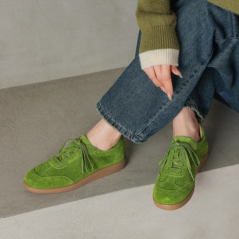 2027 Ins New Genuine Suede Leather Fashion Women Flats Lace Up Colors Spring Summer Flat Shoes Casual Sneakers Footwear