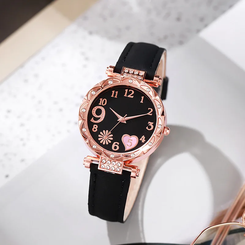 2/1 Uds. Relojes de mujer con esfera de corazón a la moda, reloj de cuarzo con banda de cuero de lujo, conjunto de pulsera con diamantes de imitación, reloj femenino