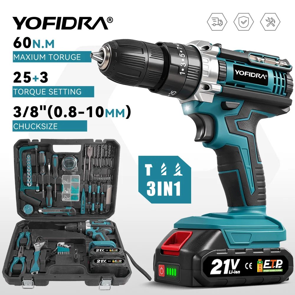 YOFIDRA 60N.M Elektrischer Schlagbohrer mit 32/53-teiligem Werkzeugset, 25+3 Drehmomentstufen, Akku-Schrauber für Makita 21V Akku