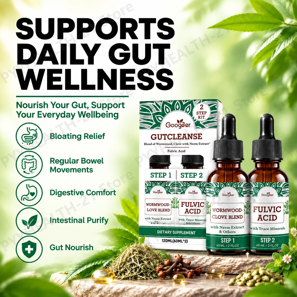 Gut Cleanse Drops Promotes Regular Bowel Movements Bloating Relief Intestinal Digestive Comfort Purify Peppermint Oil 120ml