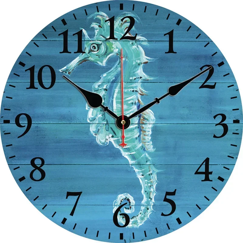 Reloj de pared con Panel de madera de caballito de mar, relojes redondos silenciosos, decoración artística para el hogar, dormitorio, sala de estar, decoración de oficina