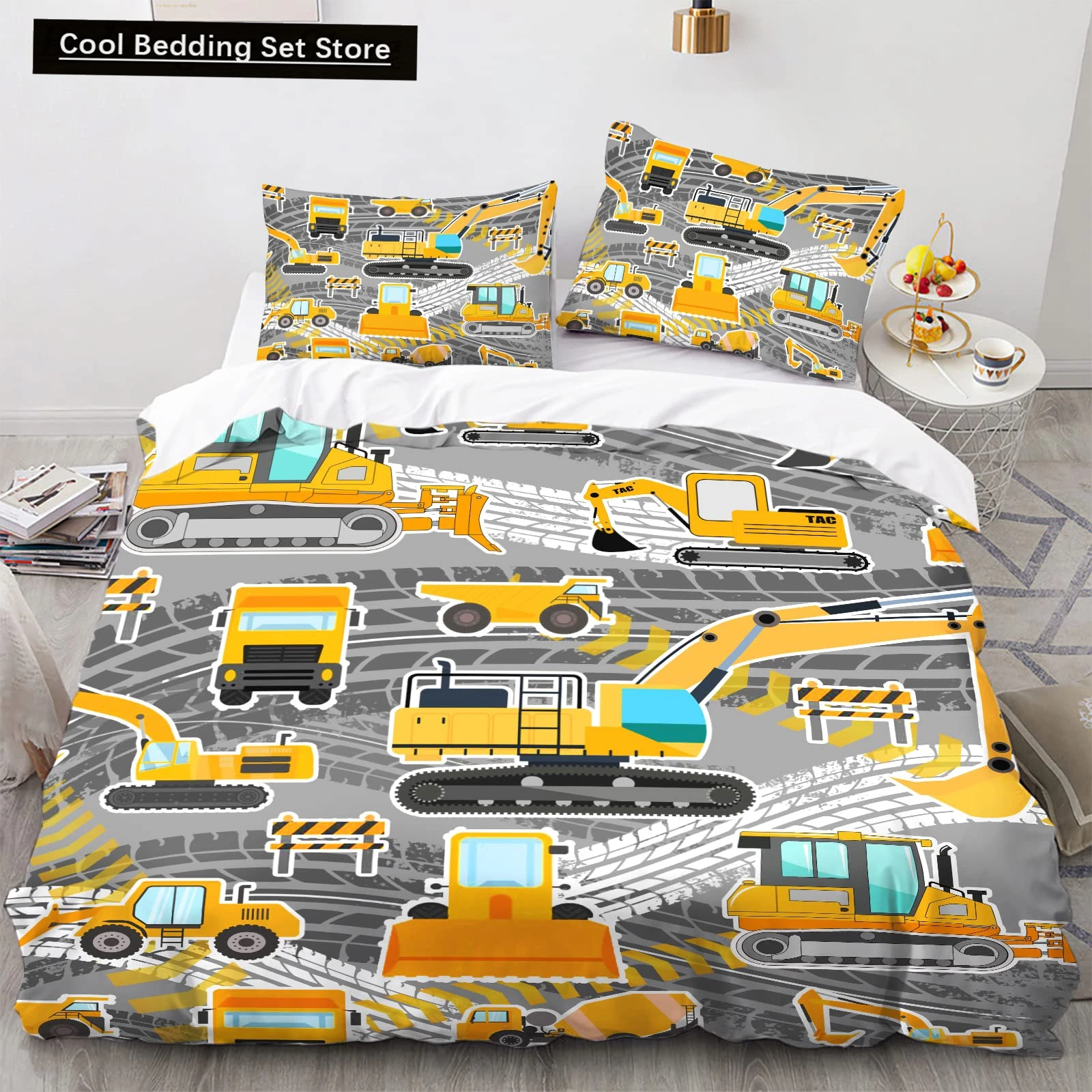 Truck Excavator King Queen Duvet Cover Yellow Tractor Bedding Set for Kids Boys Girls Cartoon Car Transporter 2/3pcs Quilt Cover