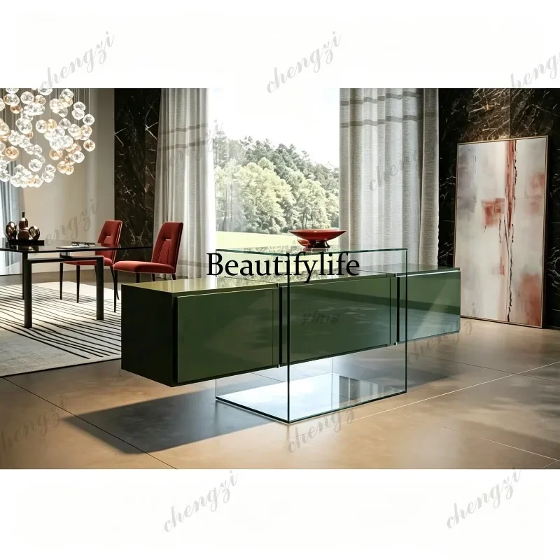 PP Italian Minimalist Suspension Side Cabinet Glass Storage Cabinet Designer Oak Locker