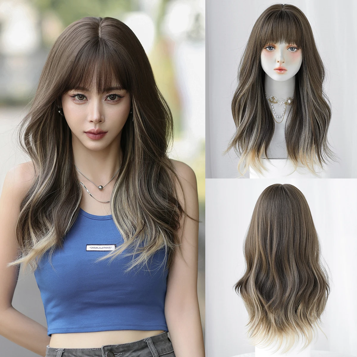 7JHH WIGS Schulterlange Wasserwellen-Perücke in Kühlem Braun für Frauen, Synthetisch, Hitzebeständig, Modisch, Sofort Tragbar mit Gepflegtem Pony