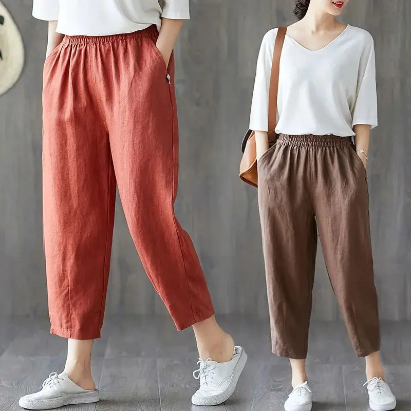 Summer 2023 Women's High Waist Cotton Harem Pants Loose Casual Style Cleanfit PU Material Suitable for Middle-Aged Women