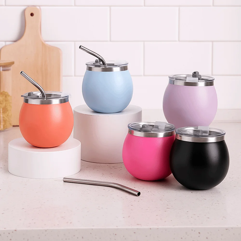 Mini taza de Yerba Mate argentina de doble pared con pajita y tapa, taza de huevo portátil de acero inoxidable, vaso de 5oz para exteriores