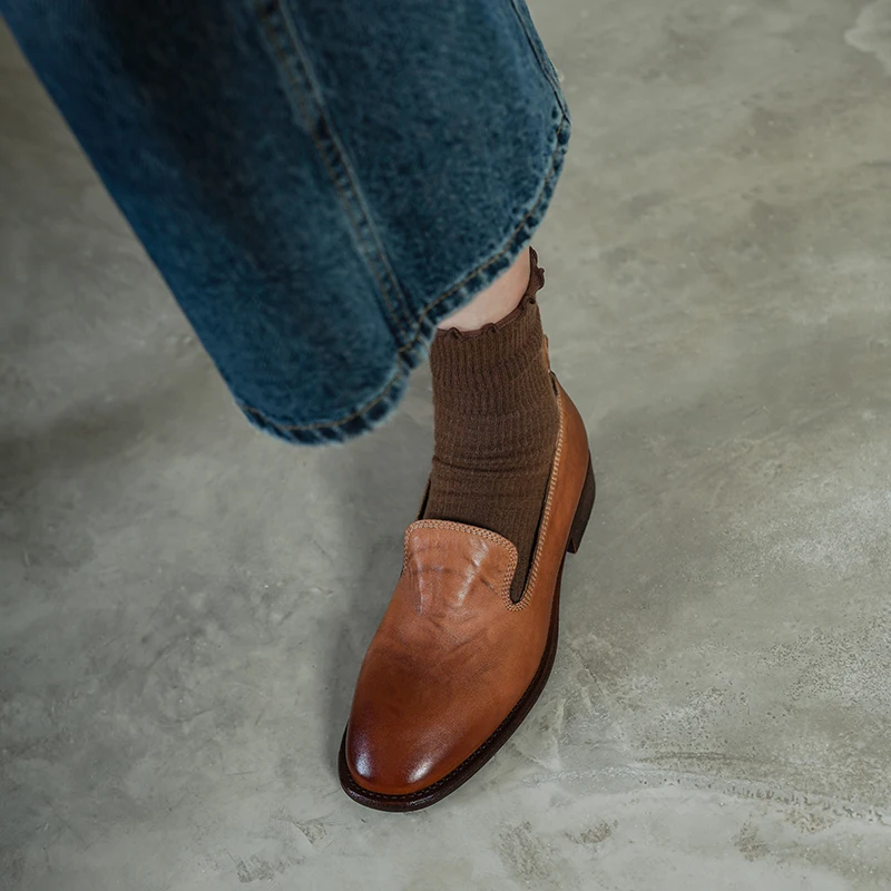 Smallhut novo 2026 tendência primavera genuíno couro de vaca mocassins rua estilo feminino marrom preto sapatos dedo do pé redondo retro baixo bloco s