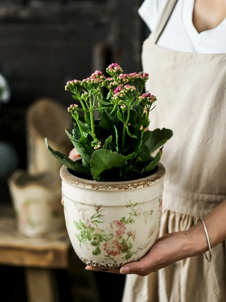 Maceta de Cerámica Rosa Vintage Francesa con Diseño de Rosa, para Plantas, Flores, Suculentas, Hidroponía, Decoración