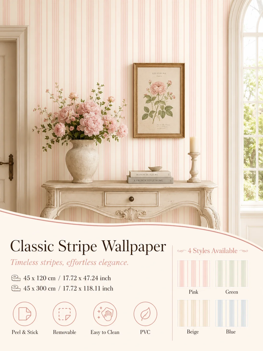French Vertical Stripe Peel and Stick Wallpaper, Removable PVC Decor Film for Living Room Bedroom Wall Renovation