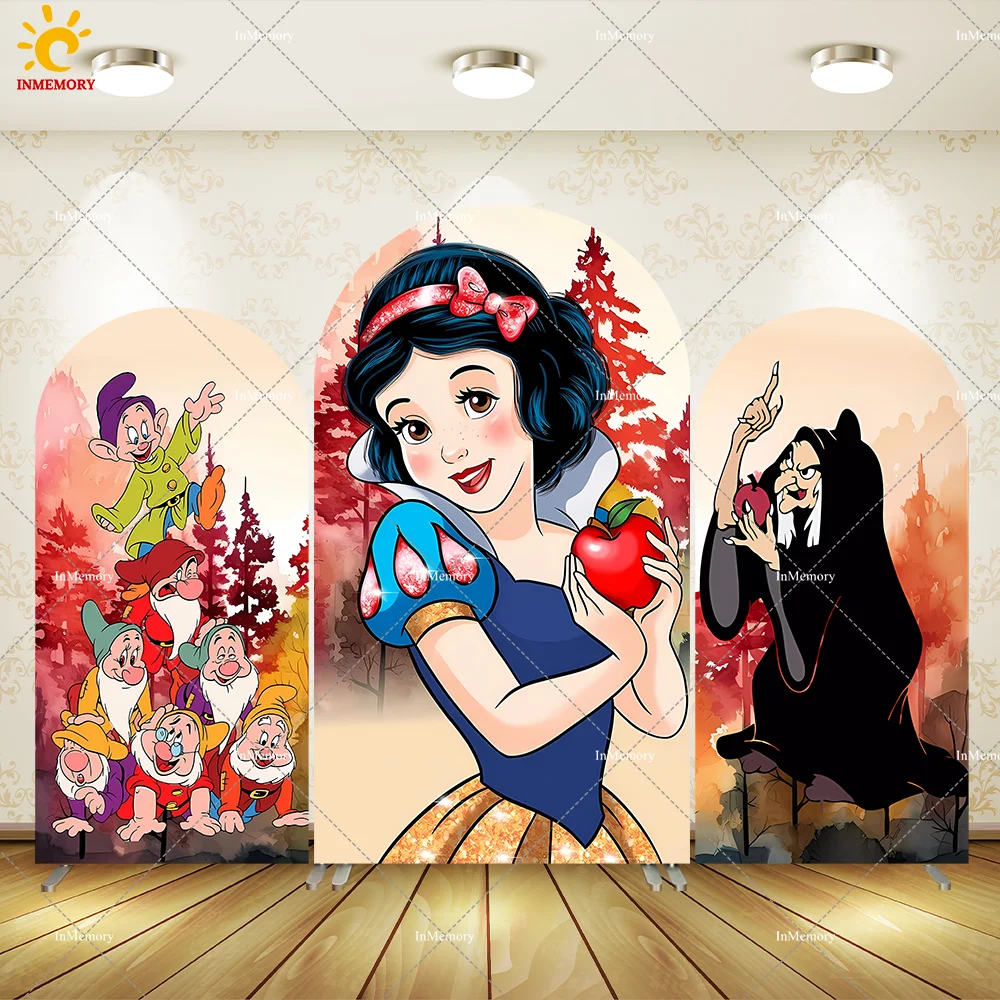 

Disney Snow White Princess Arch Backdrop Cover Red apple and the seven Dwarf Arched Wall Baby Shower Girls Birthday Party Banner