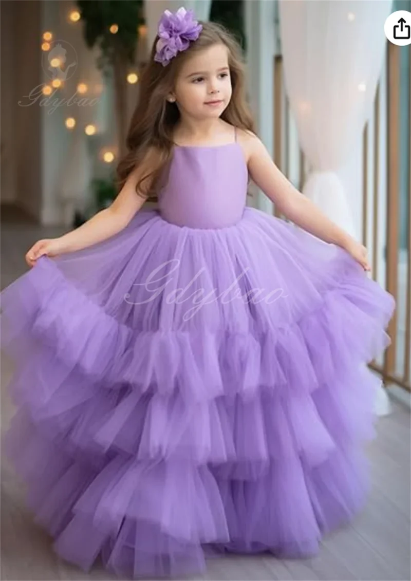 

A+Flower Girl Dress Tiered Tulle Flower Girl Dress Criss Cross Back Spaghetti Straps Puffy Ruffles Ball Gown Girls Pageant Dress