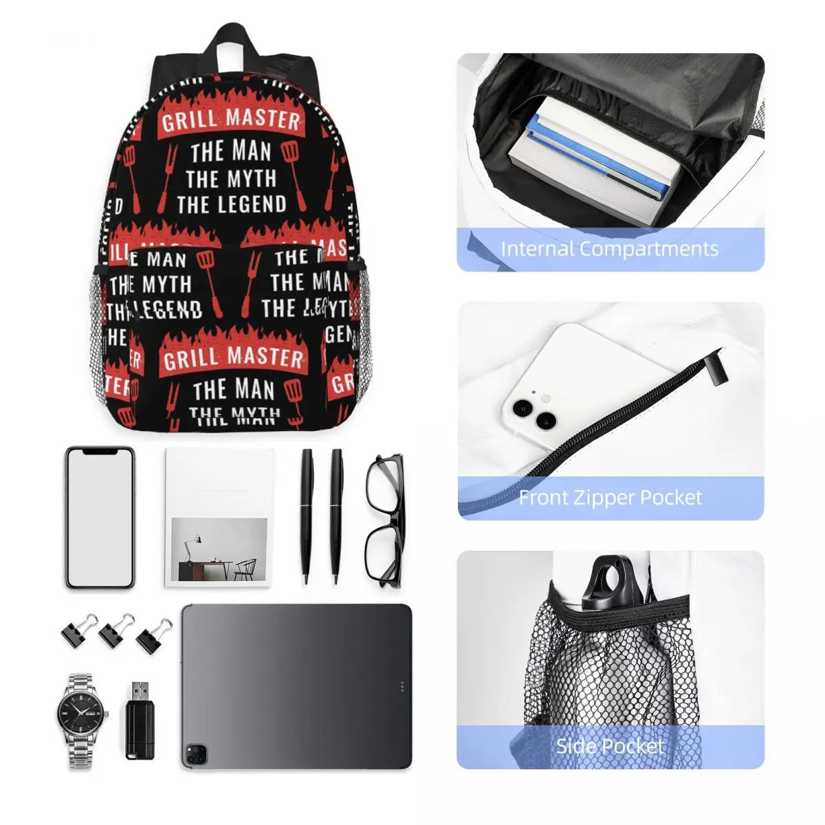 Dad The Man The Myth Grill Master Legend Backpack Hot Sale Daypack Large Capacity Boys Girls BookBag Shoulder Bags School Bag