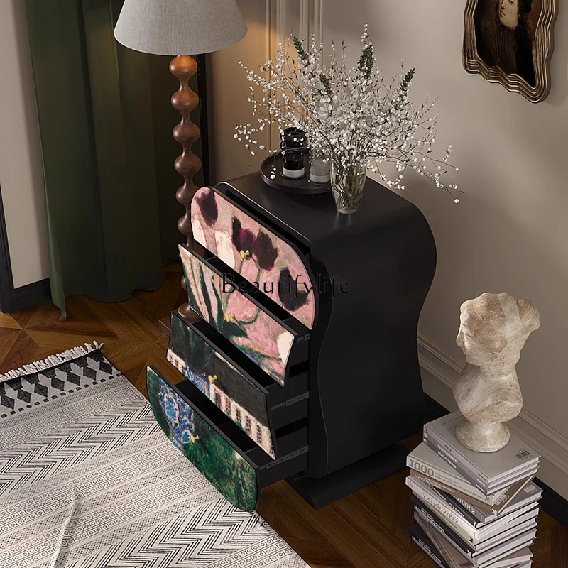 Red and black light luxury retro style solid wood four-chest cabinet living room drawer locker