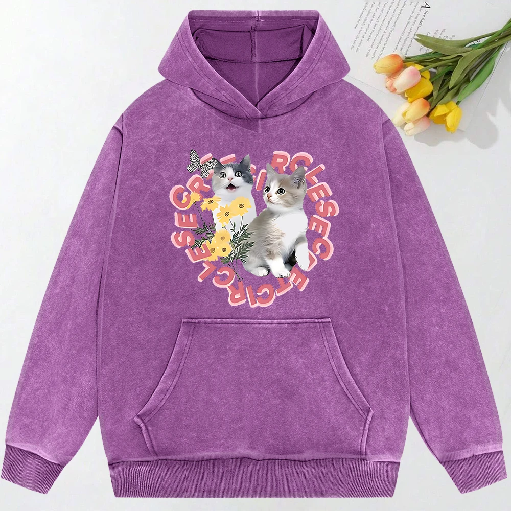 Cute Cat Observing Butterflies Print Women Washed Clothing All-Match Soft Hoodie Pocket Cotton Veste Multicolor Breathable Hoody