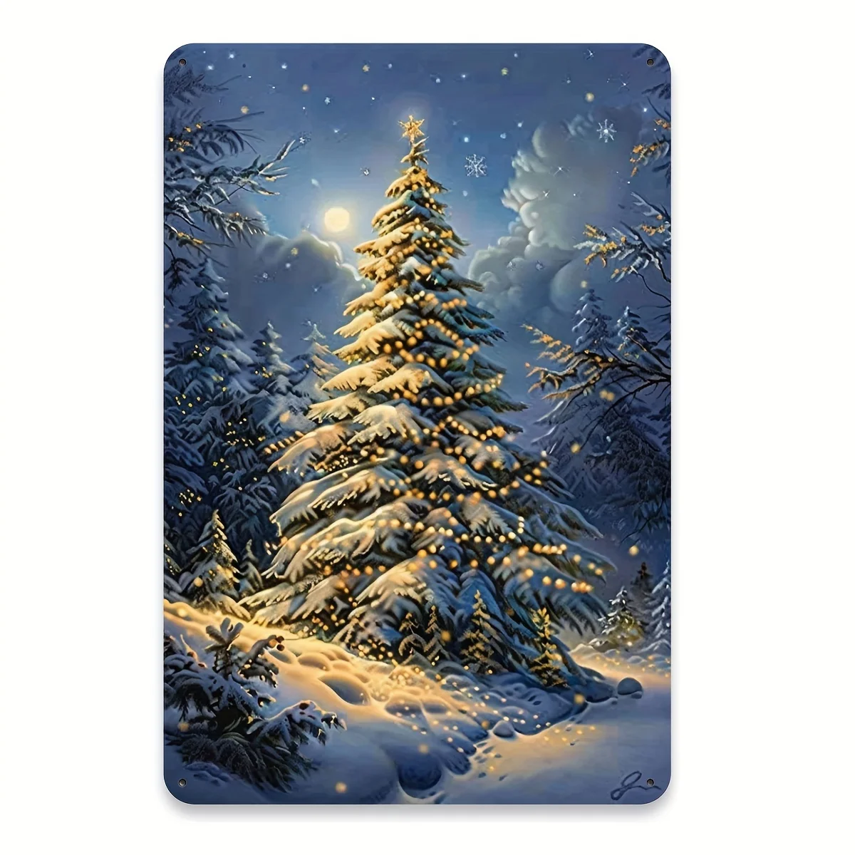 1pc 2D Vintage Snowy Glowing Christmas Tree Metal Tin Sign Retro Winter Wall Art Plaque for Home Xmas Decor