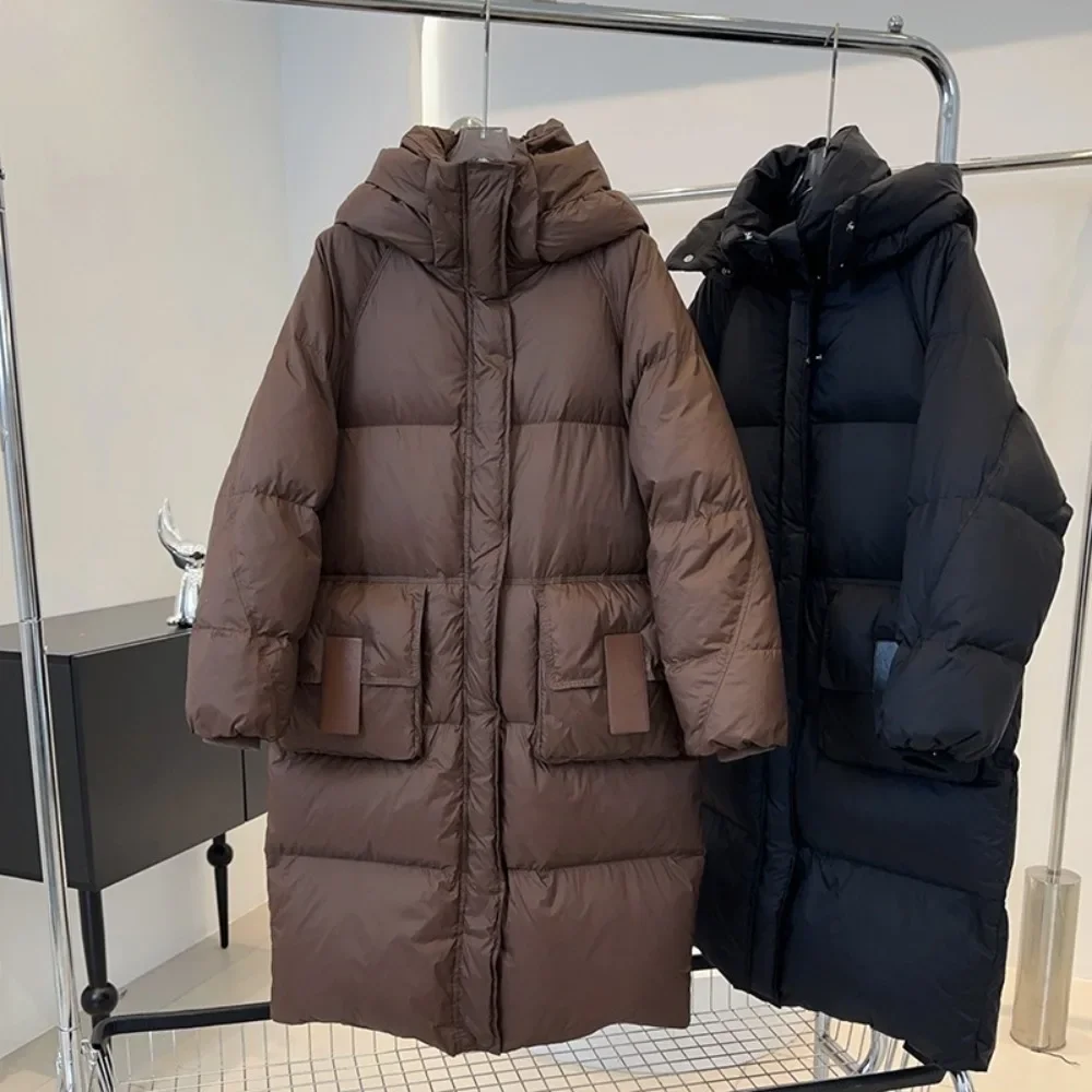 2025 جديد الشتاء رشاقته الدافئة مقاوم للماء بطة أسفل معطف رقيق سترات مقنعين الركبة طول فضفاض سترة منفوخة أسفل سترة النساء #5