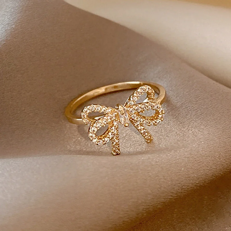 

Fashion Micropaved Crystal Zirconia Bow Ring for Women Girls Exquisite Ins Trendy Minimalist Finger Rings Jewelry