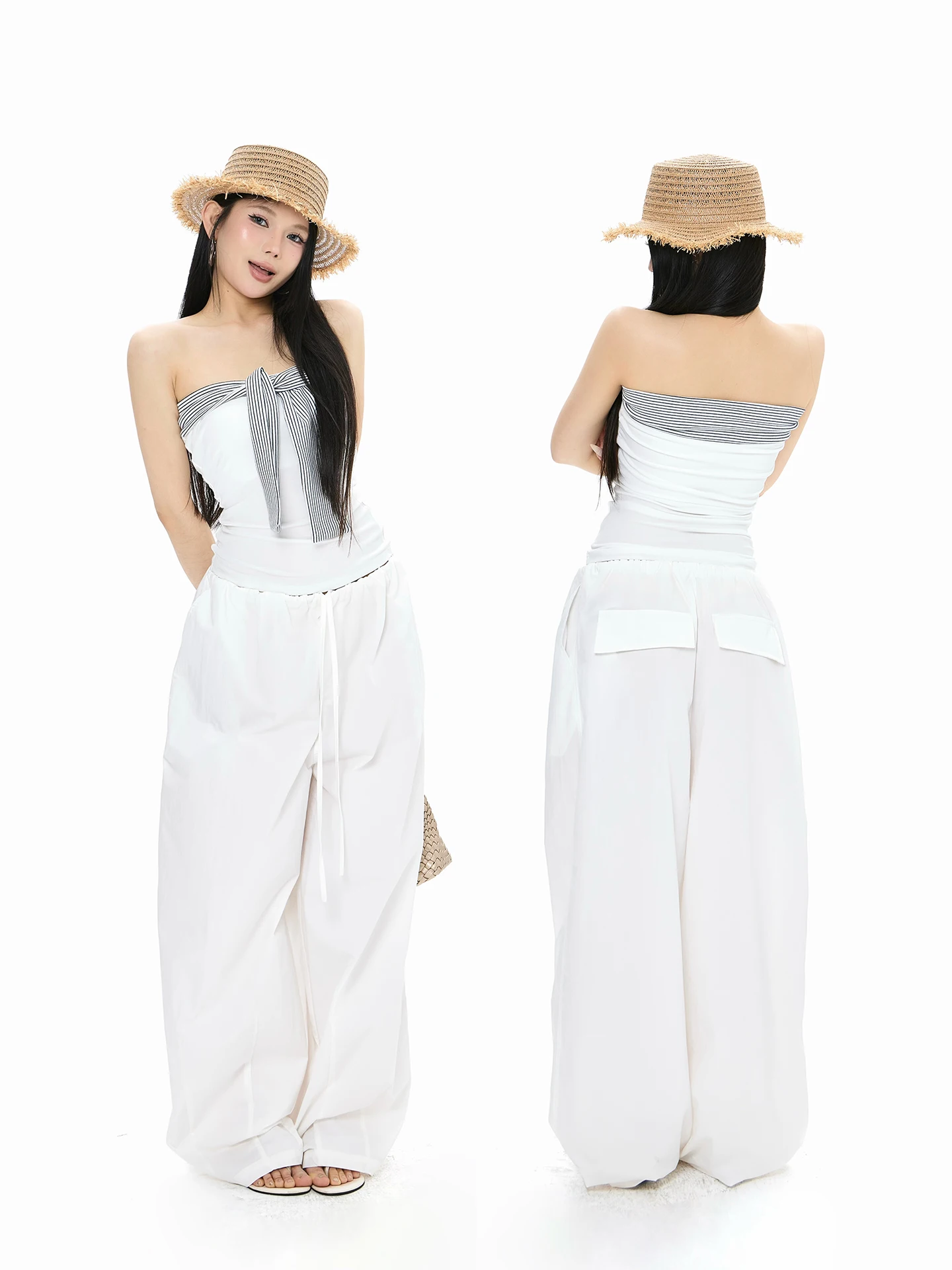 

Design Sense Strap Splice Apparels Women's Slim Fit Top with Drawstring Loose Wide Leg Pants White Long Pants Fashion Set