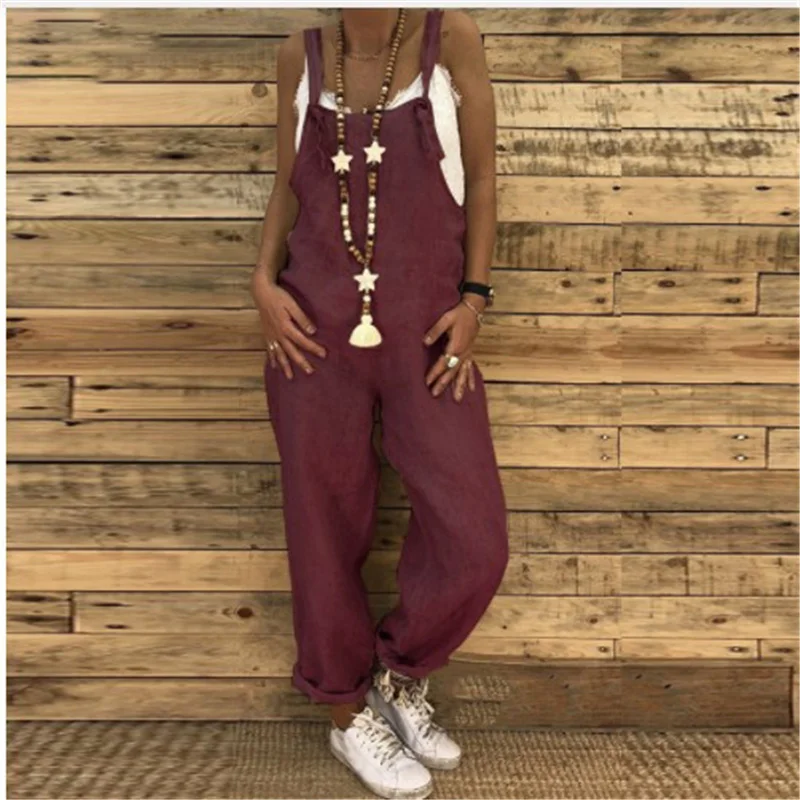 Woman Cotton Linen Suspender Pants Solid Color Loose Bib Straight Leg Jumpsuits Vintage Baggy Overalls Trousers Pockets Playsuit